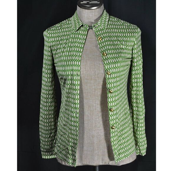 SIYU Green White Button Up Long Sleeve Top - 4 - Picture 1 of 5